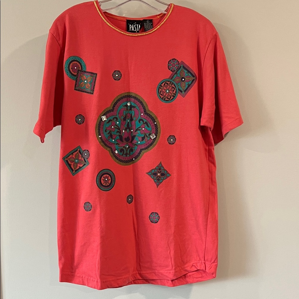 Pasta - L, vintage, 80s/90s peachy pink tunic, screen print, jeweled